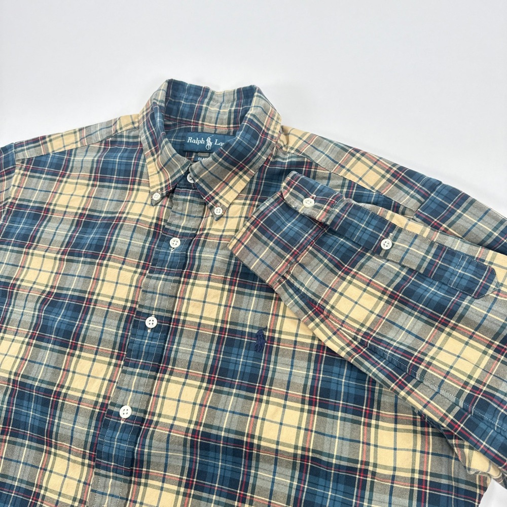 Ralph Lauren Shirt Mens Large Blue Tan Plaid Classic Fit Cotton Preppy Casual